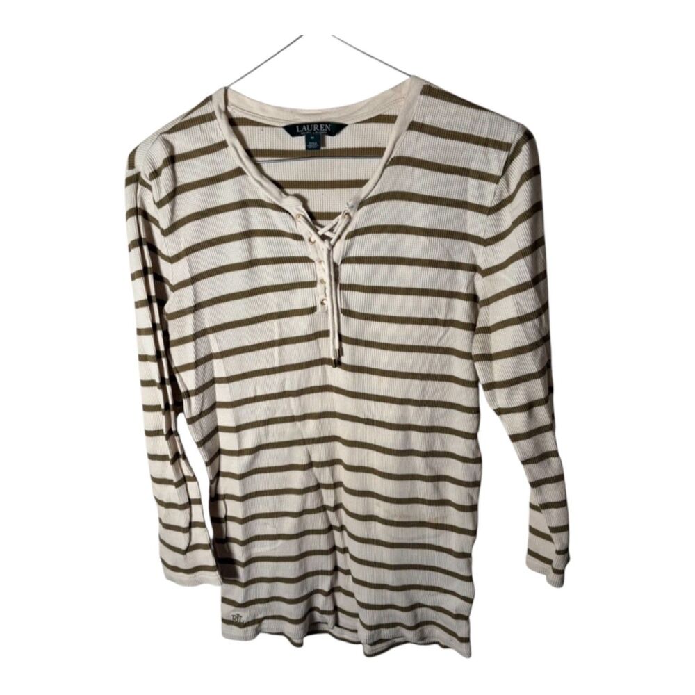 Lauren Ralph Lauren T-Shirt Women's Medium Beige Brown Thermal Henley Top
